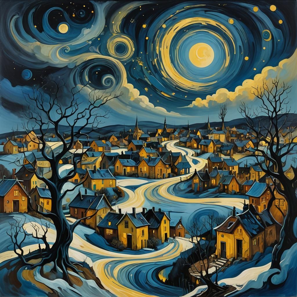 Surreal Village Under Swirling Starry Night Sky
