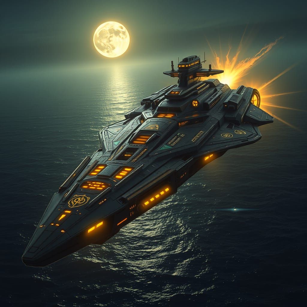 Cyberpunk Battleship Cruising Moonlit Sea in Soft Ethereal L...