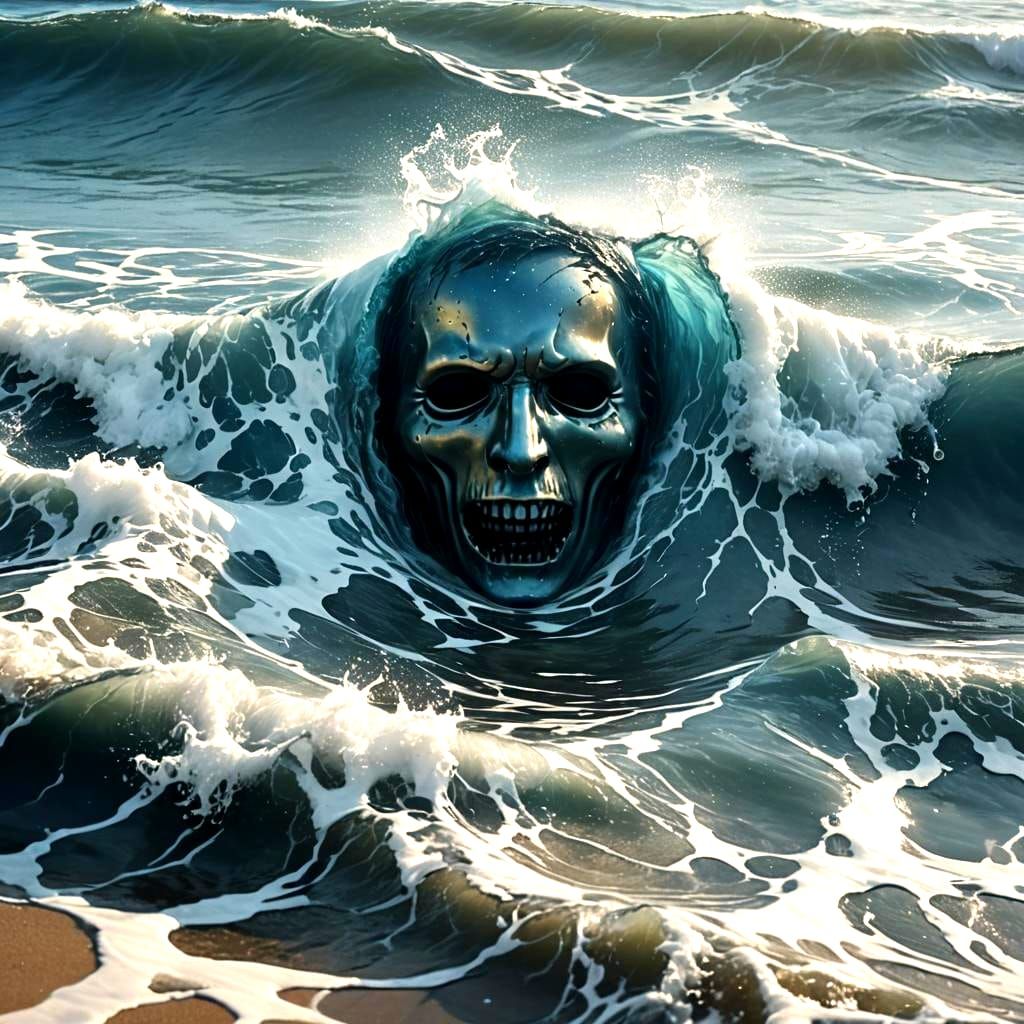 Ghostly Face Appears in Blue Ocean Waves