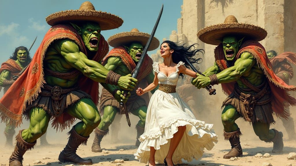 Dark Fantasy Warriors in Sombreros Attack a Scared Woman