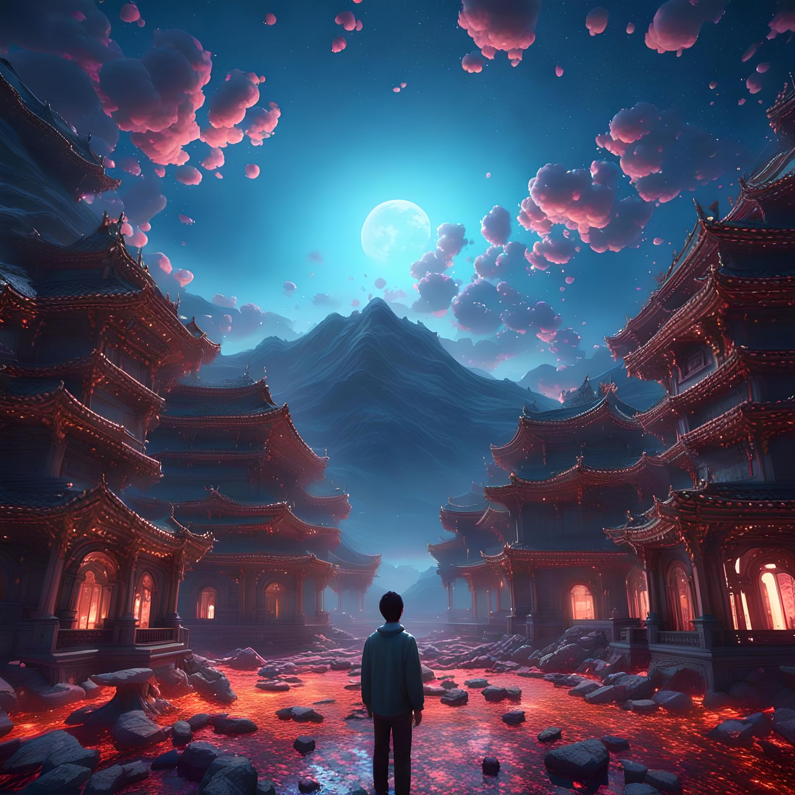 Romantic Back View Under Starry Sky in Dramatic CGI Style
