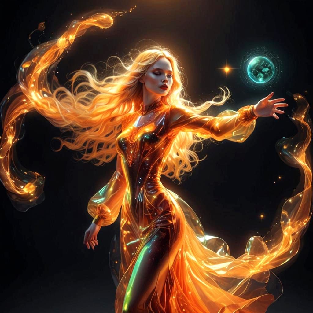 Woman in Orange Dress with Sunset in Cosmic Style