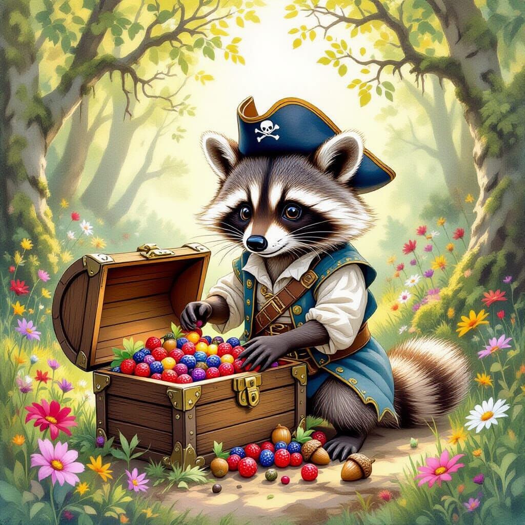 Pirate Raccoon Finds Berry Treasure: Watercolor Art