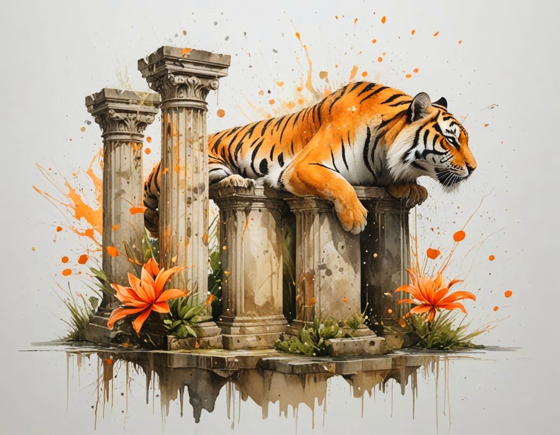 Tigers in Ancient Temple Ruins: A Watercolor Masterpiece