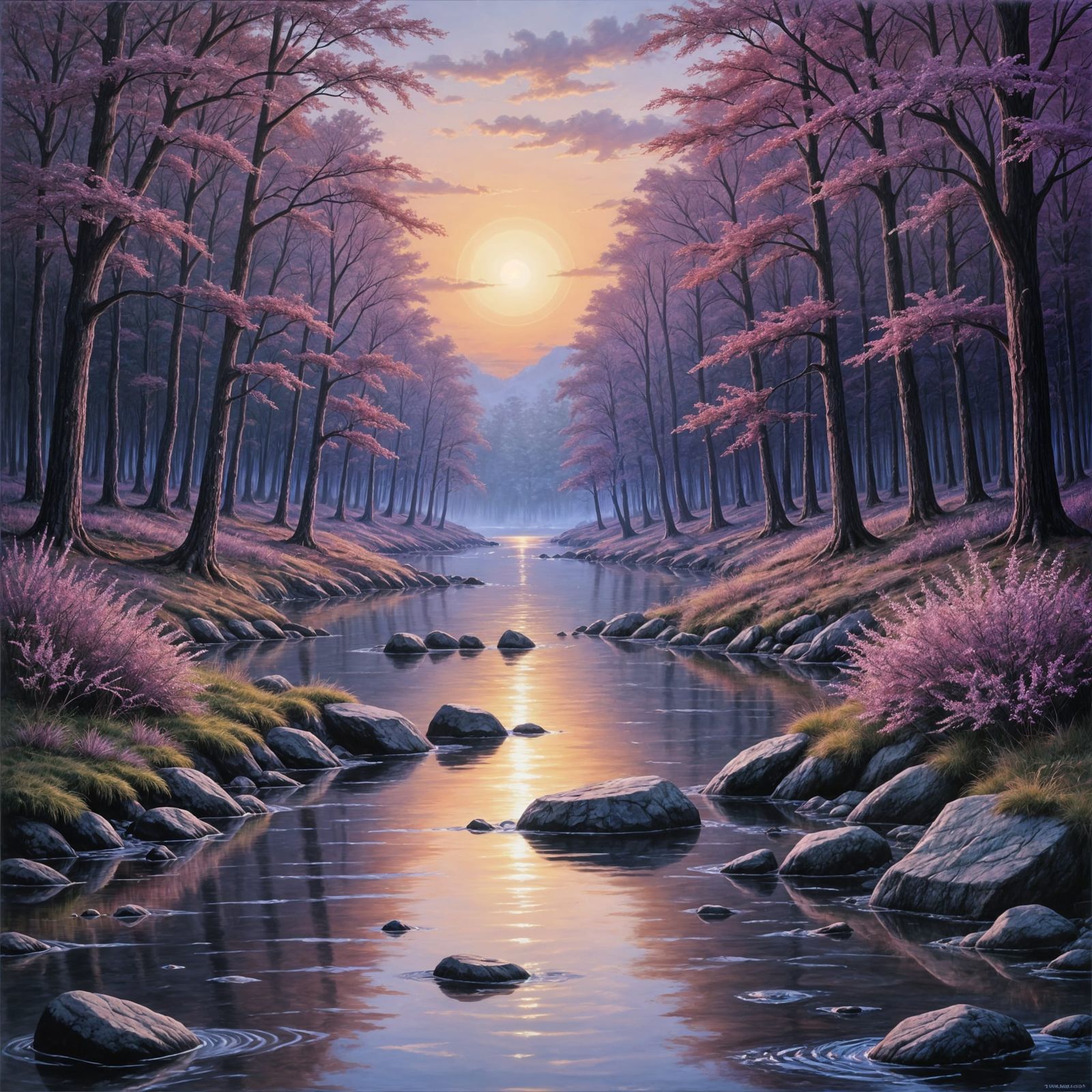 Purple Forest Creek in Chalk Oil Painting Style
