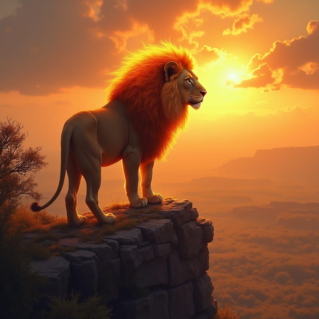 Lion with Fiery Mane, Oil Painting Style