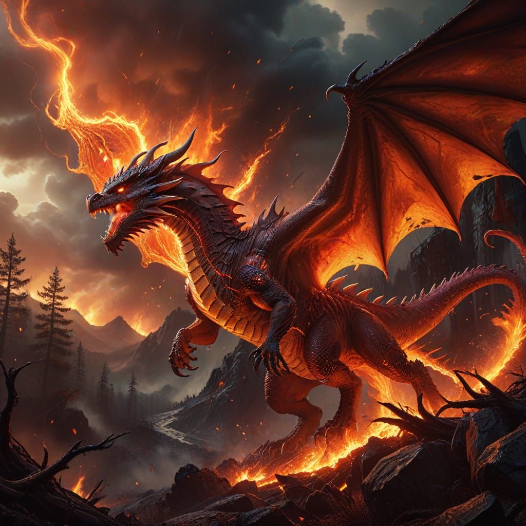 Fiery Red Dragon Soaring Through Stormy Sky