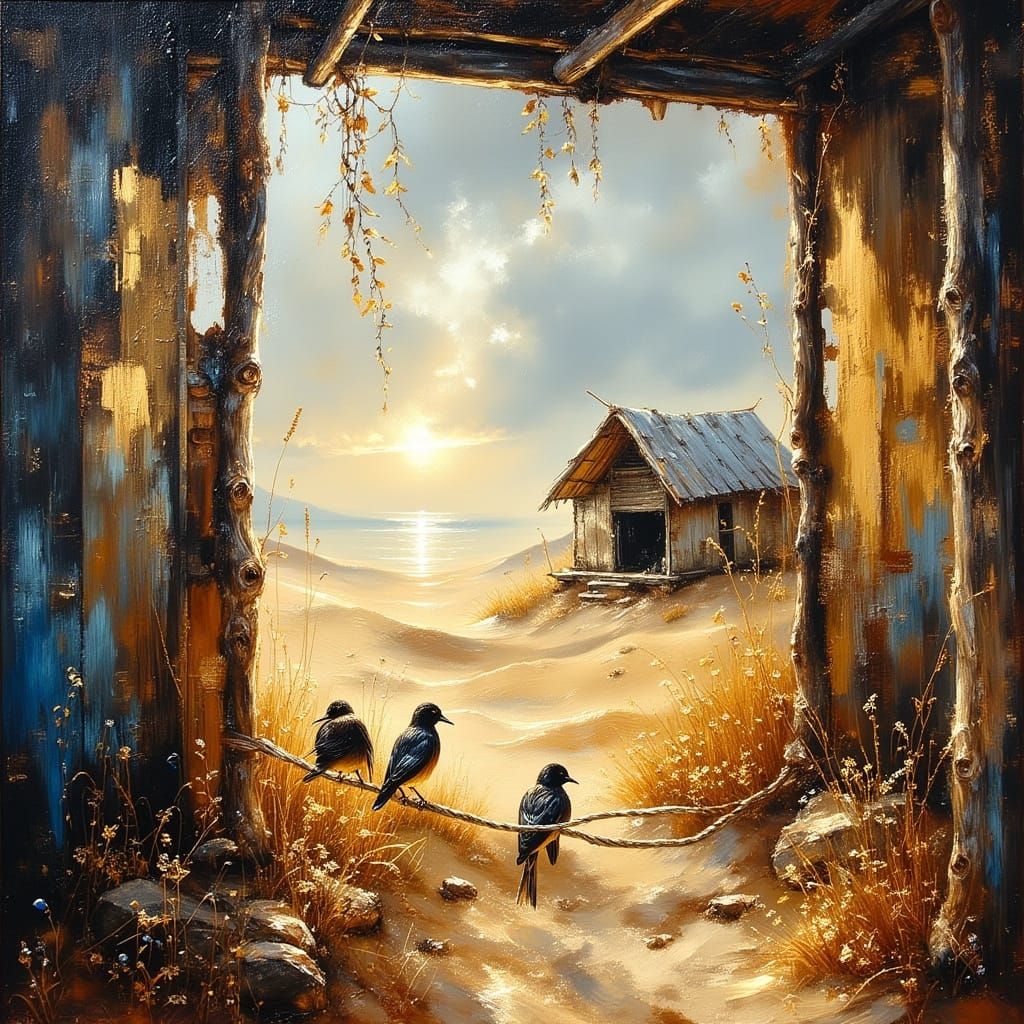 <lora:Exquisite Flux:1.0> Window view of birds perched on a ...