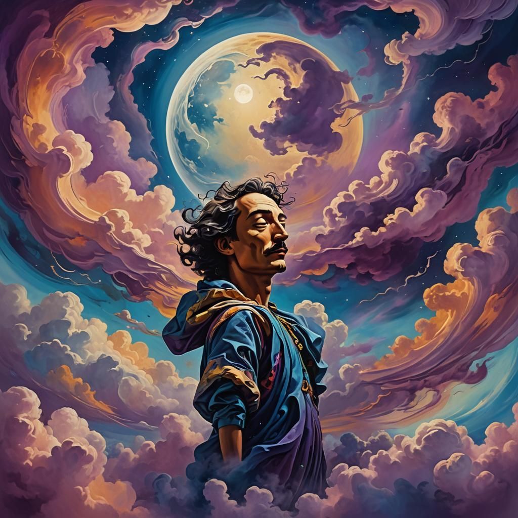 Dreamlike Distorted Figure Floating with Moon