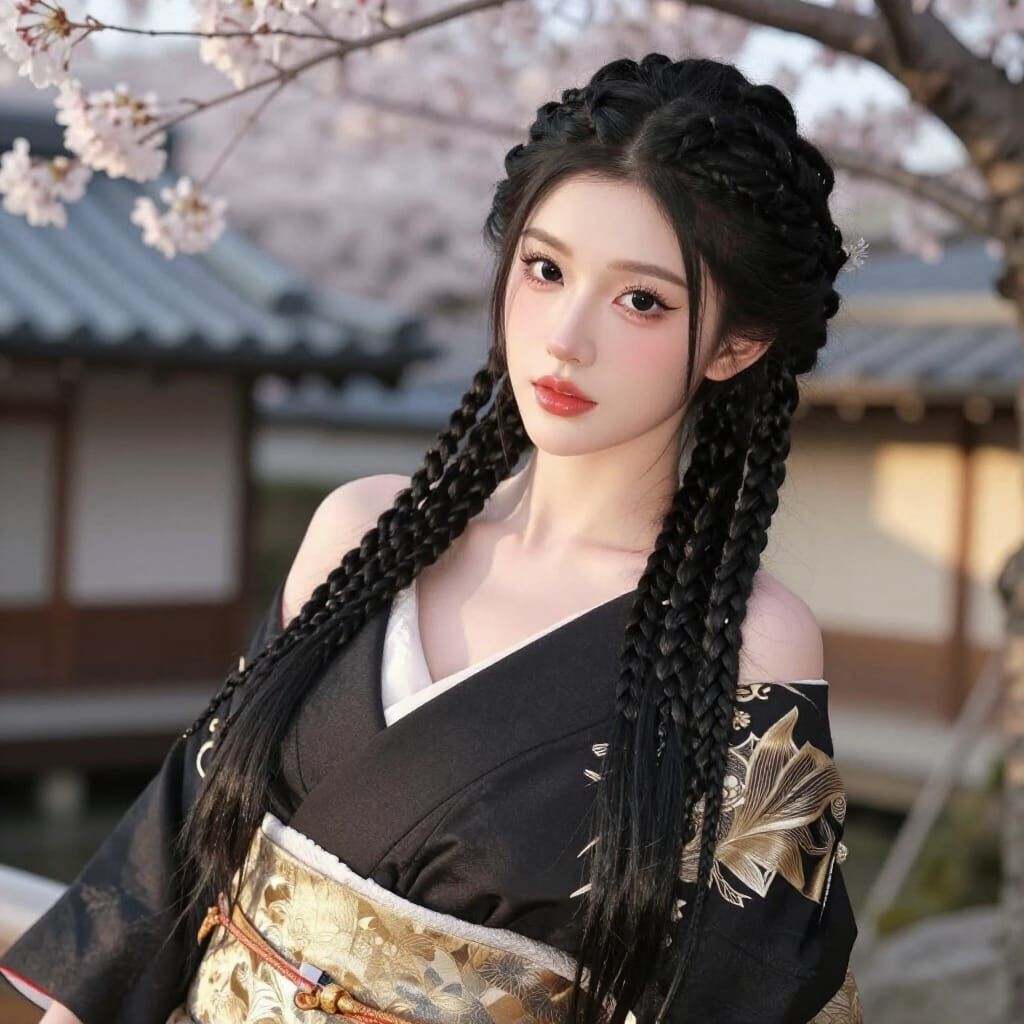 Elegant Woman Relaxing Under Sakura Tree in Fine Art Photogr...