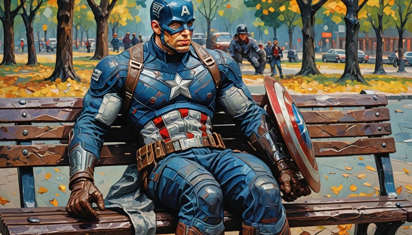 Captain America on Park Bench, Impasto Oil Painting