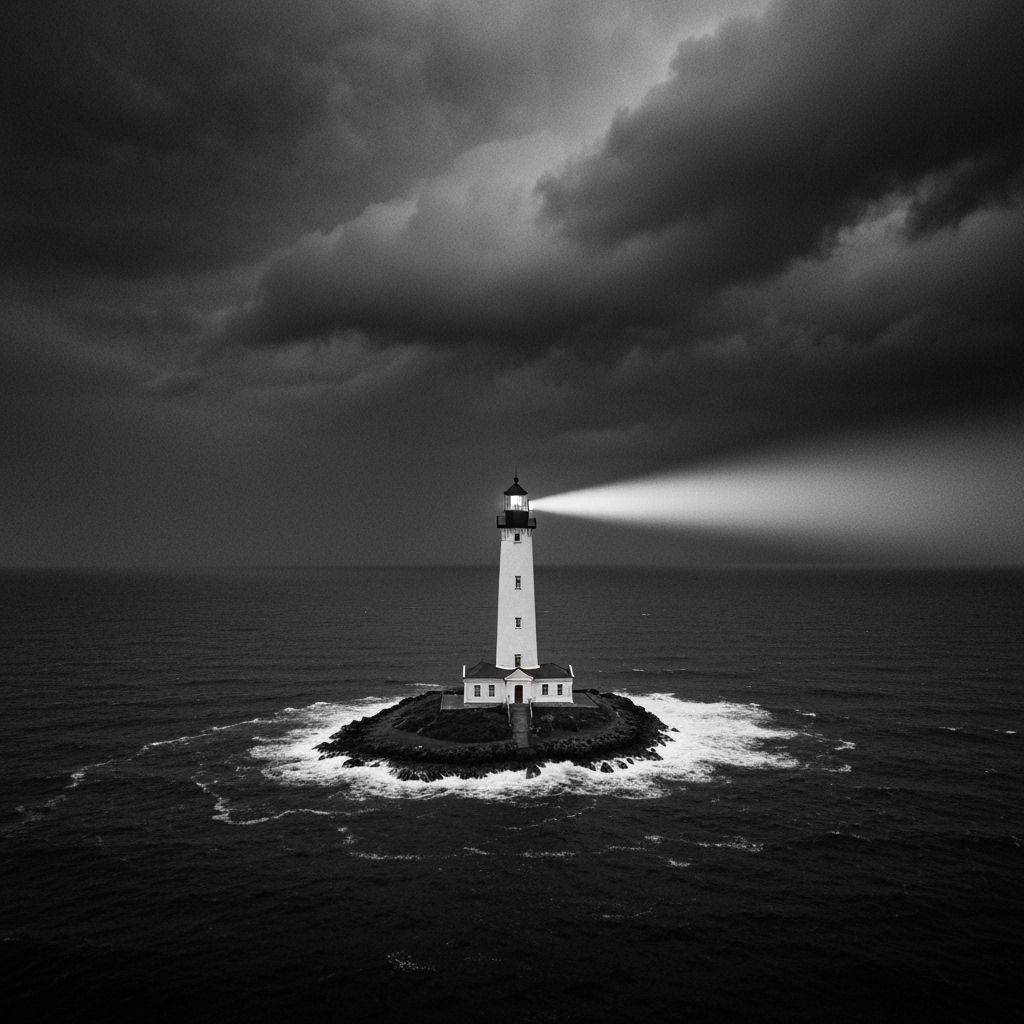 Lighthouse Defiant Against Storm: Black and White Aerial Pho...