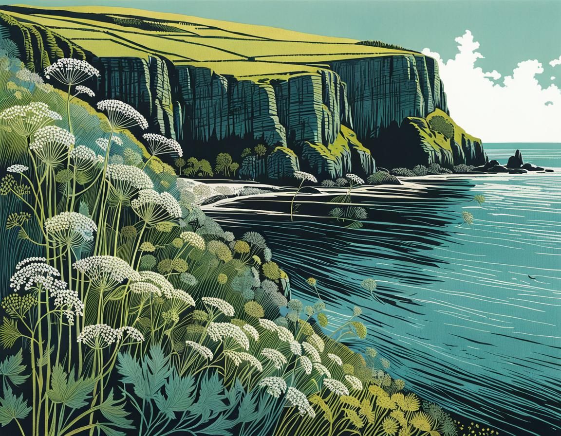 Umbelliferous Plants Cliffside Linoprint Collage