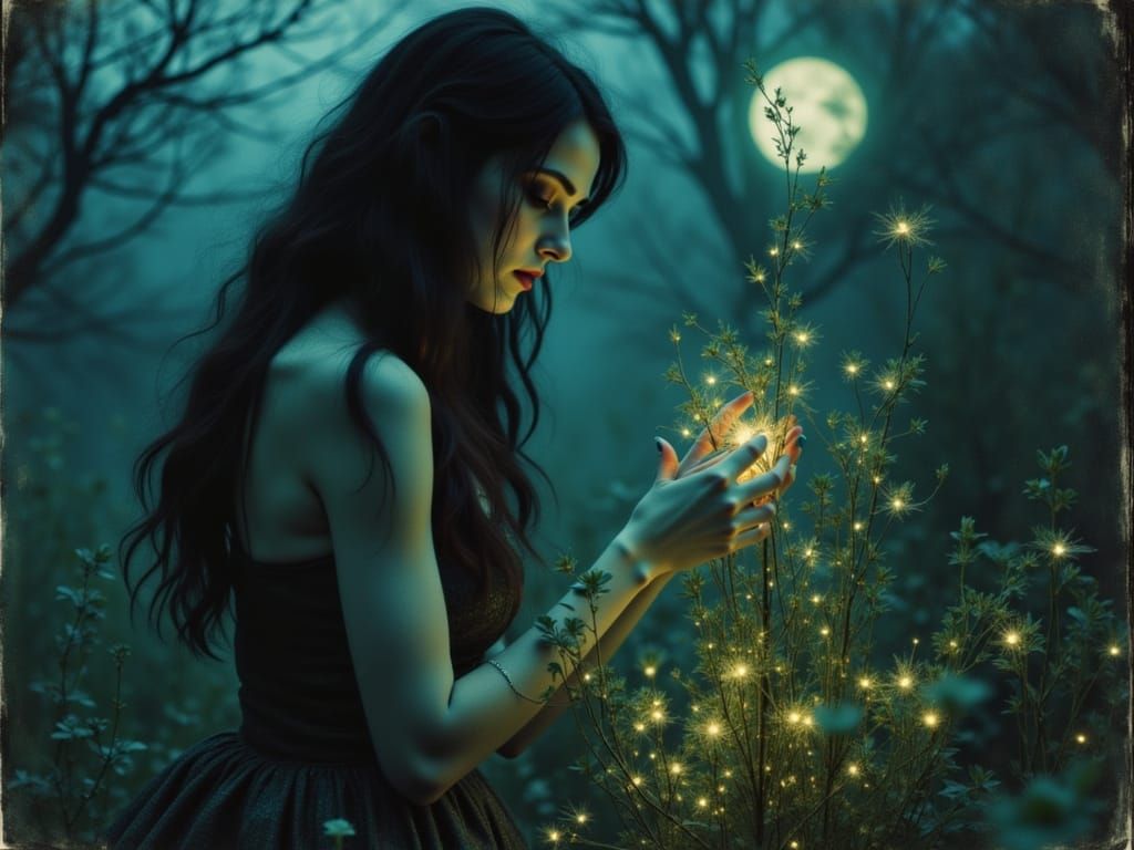 Gothic Sorceress Tending Moonlit Herbs