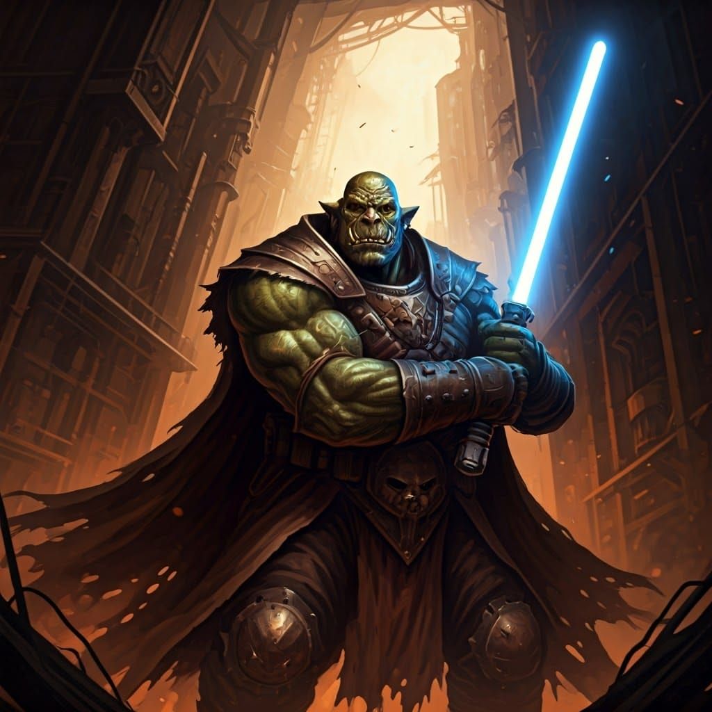 Orc Jedi Knight in Grimdark Industrial Setting