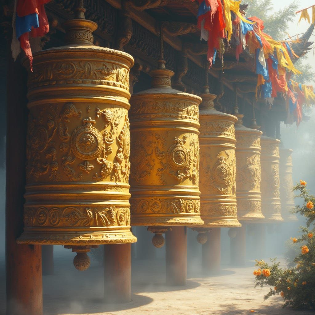 Golden Prayer Wheels in Enchanted Misty Realism