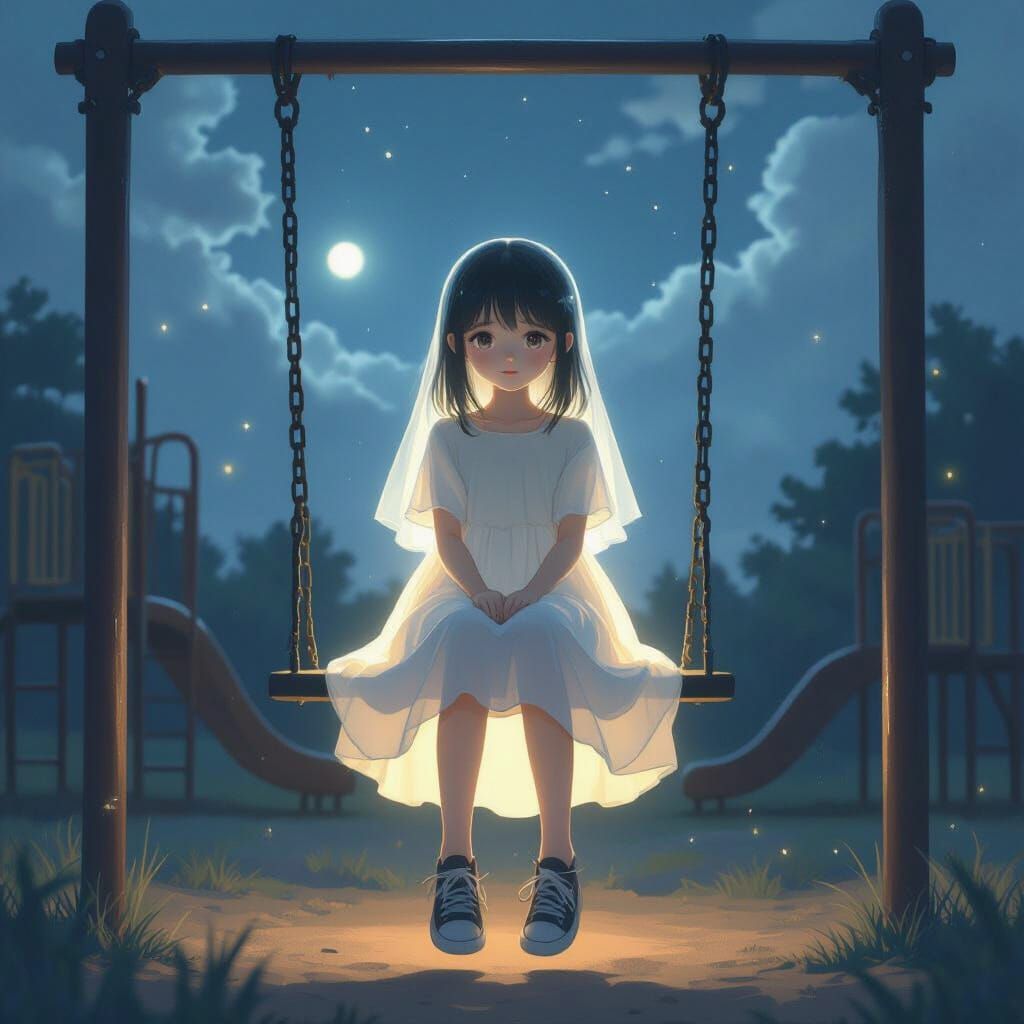 Ethereal Ghost Girl on Swing Set at Night