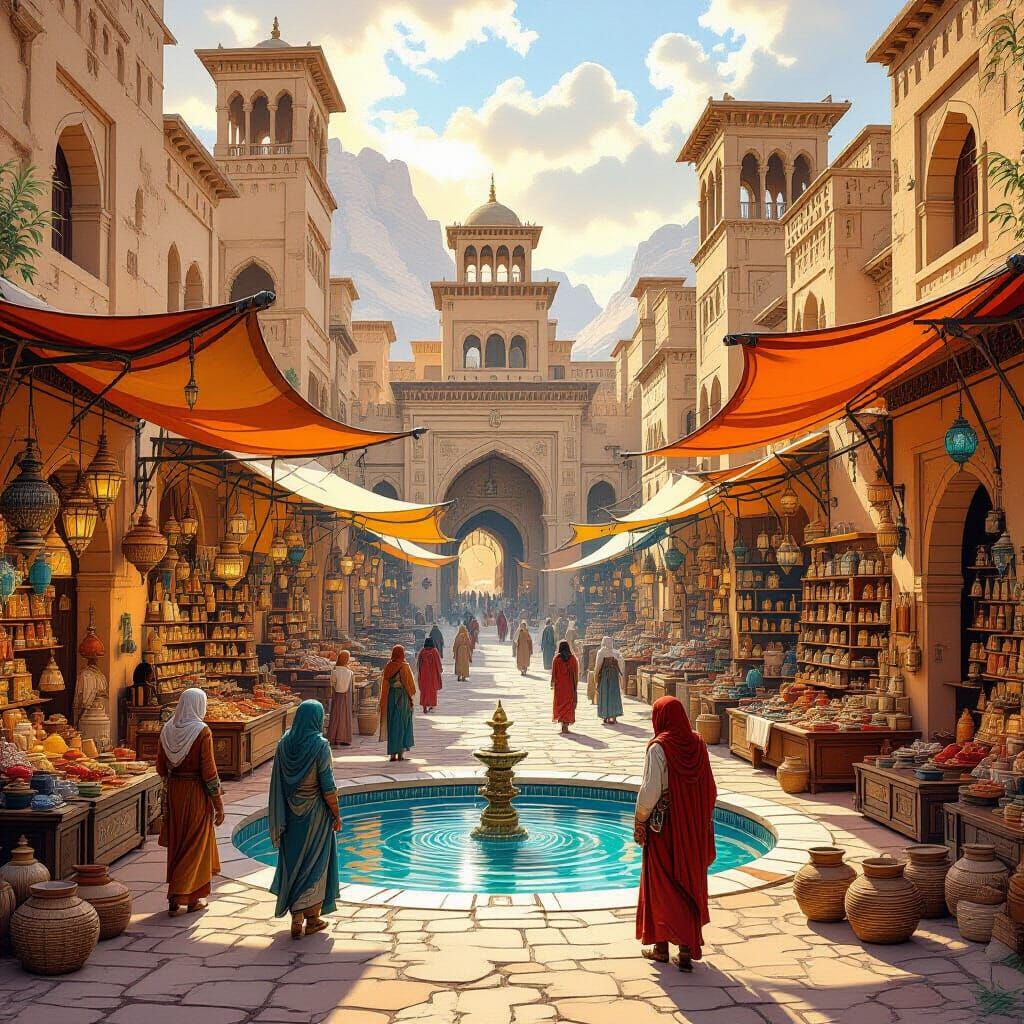 Desert Oasis Marketplace in Fantasy Illustration Style