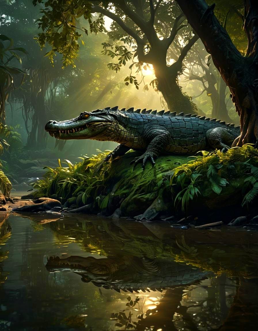 Onyx Crocodile in Dark Fantasy Jungle