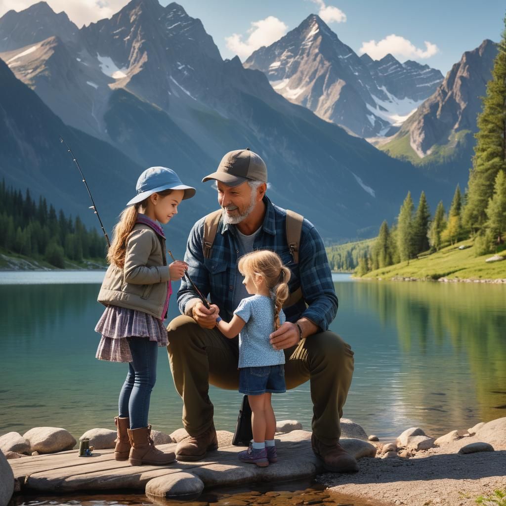 Father and Daughter Fishing at the Lake