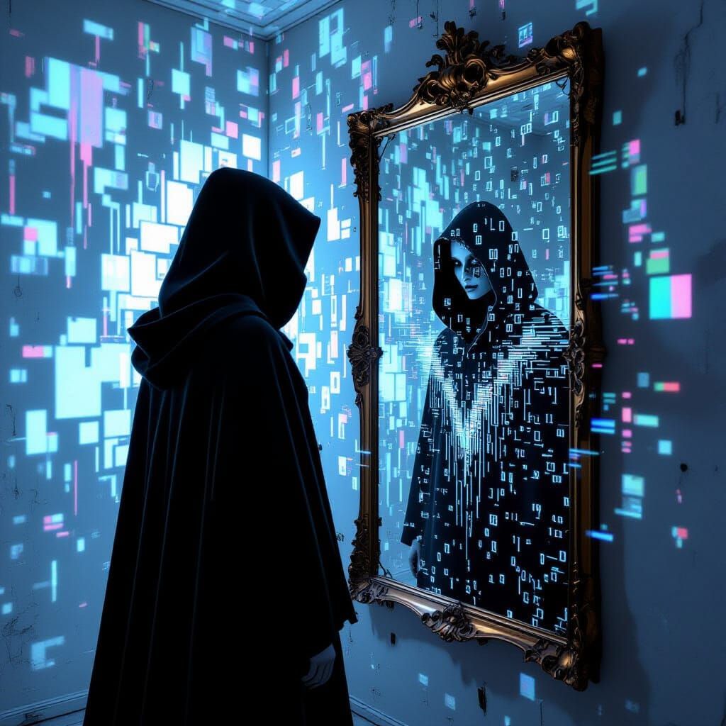 Digital Specter in Fractured Mirror with Glitch Art