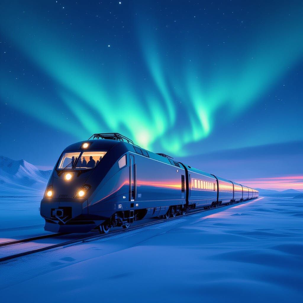 Futuristic Train Crosses Frozen Tundra Under Aurora Borealis