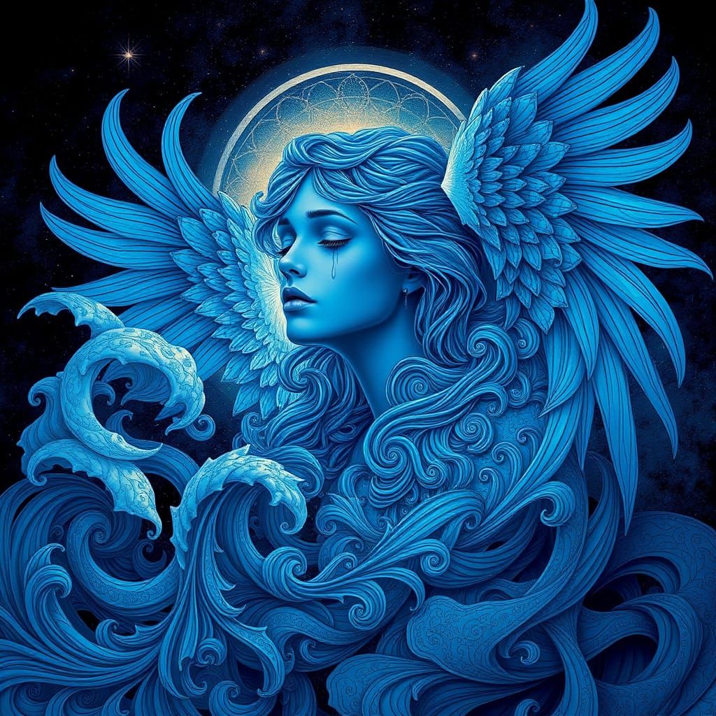 Blue Angel in Fractal Tears: Digital Art