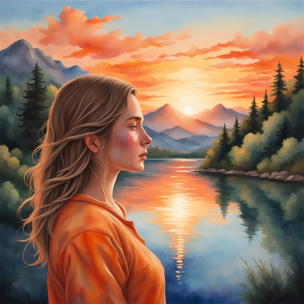Watercolor Sunset Reflection in Hyper-Realistic Splash Art