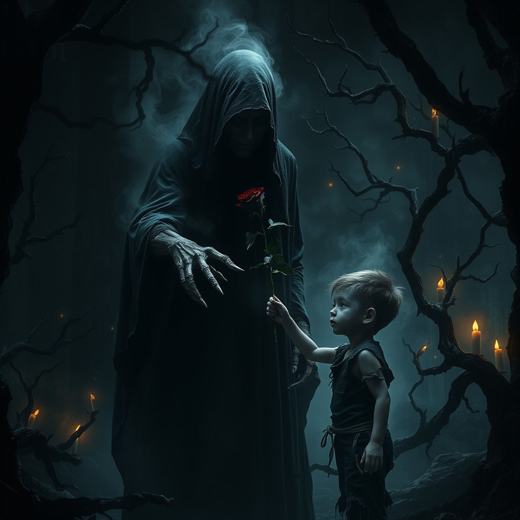 Ethereal Figure Offers Black Rose in Gothic Jungle