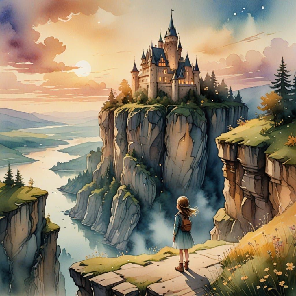 Whimsical Castle Girl on Cliff's Edge