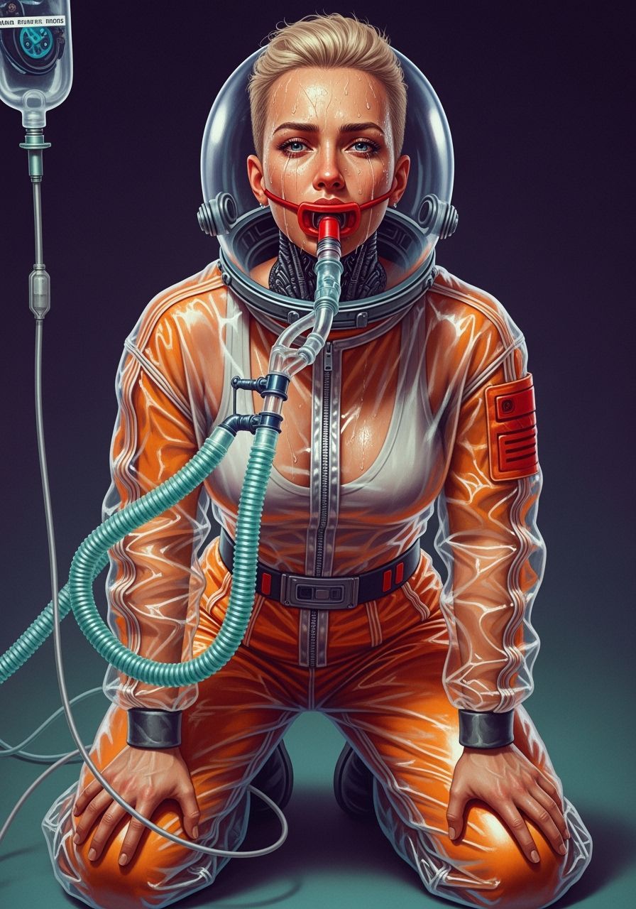 Space Woman Kneels, Ventilated, in Biomechanical Style