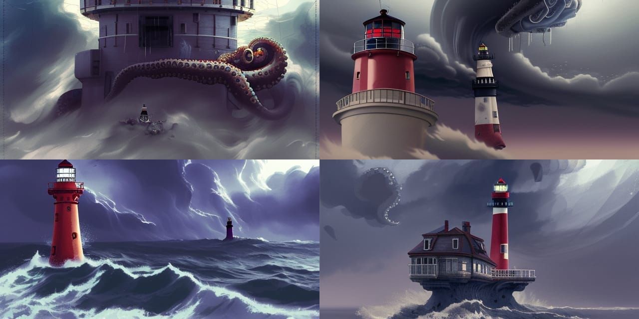Giant Octopus Holds Collapsing Lighthouse: Ghibli-esque Art