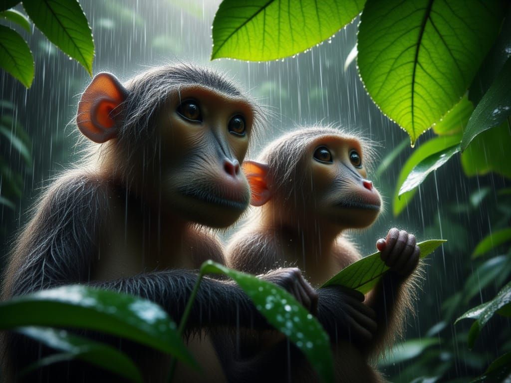 Two Baboons Seeking Shelter From Rain In Jungle
