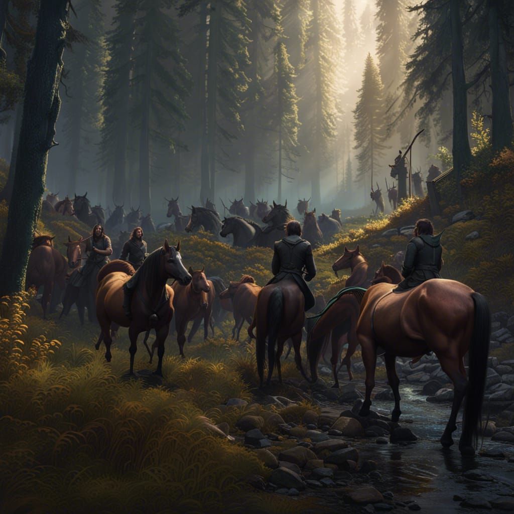 Centaurs Gather by Forest Road in Dark Fantasy Style