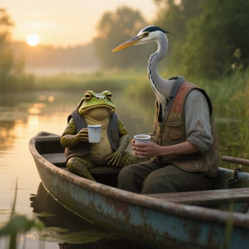 Toad and Heron in Rowboat at Dawn, Photorealistic Digital Ar...