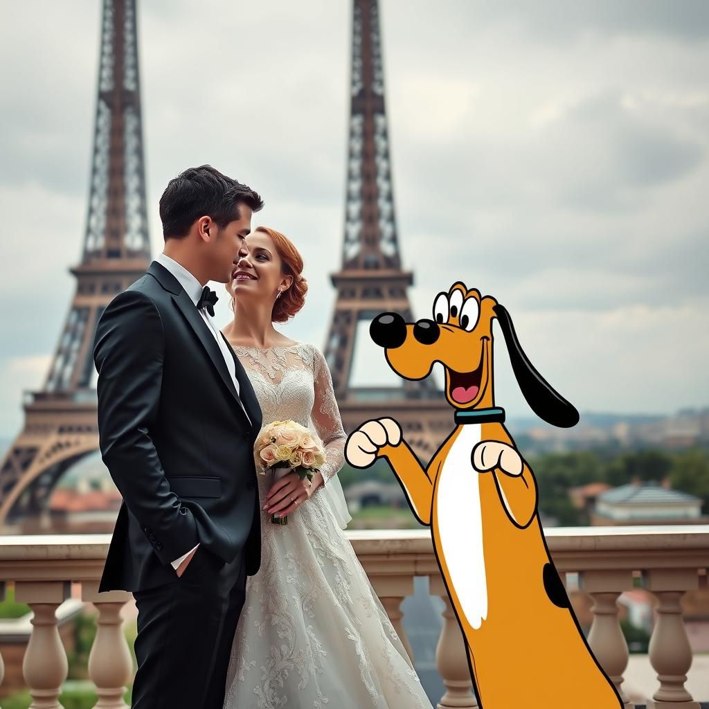A cartoon dog photobombing a photorealistic bride and groom ...