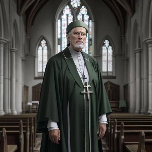 Bishop in Green Robes Inside a Church