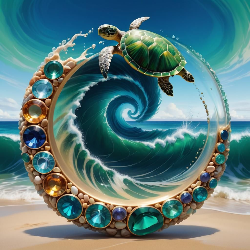 Gemstone Turtle in Wave: Double Exposure Art