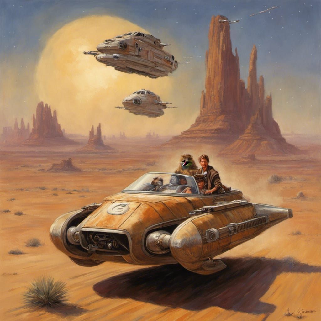 Wookiees Driving Landspeeder Over Desert, Oil Painting