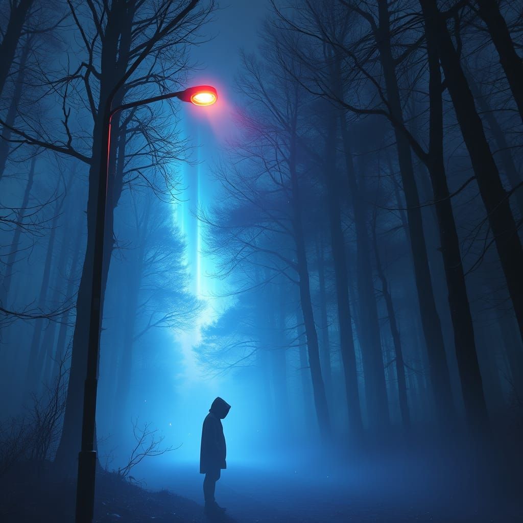 Mystical Figure in Foggy Forest, Digital Art