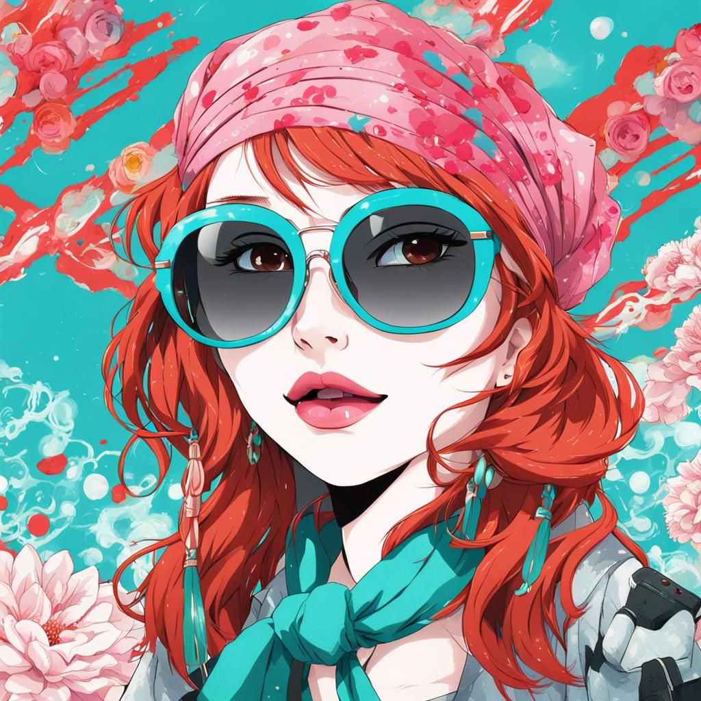 Anime-Style Redhead with Bandana and Sunglasses