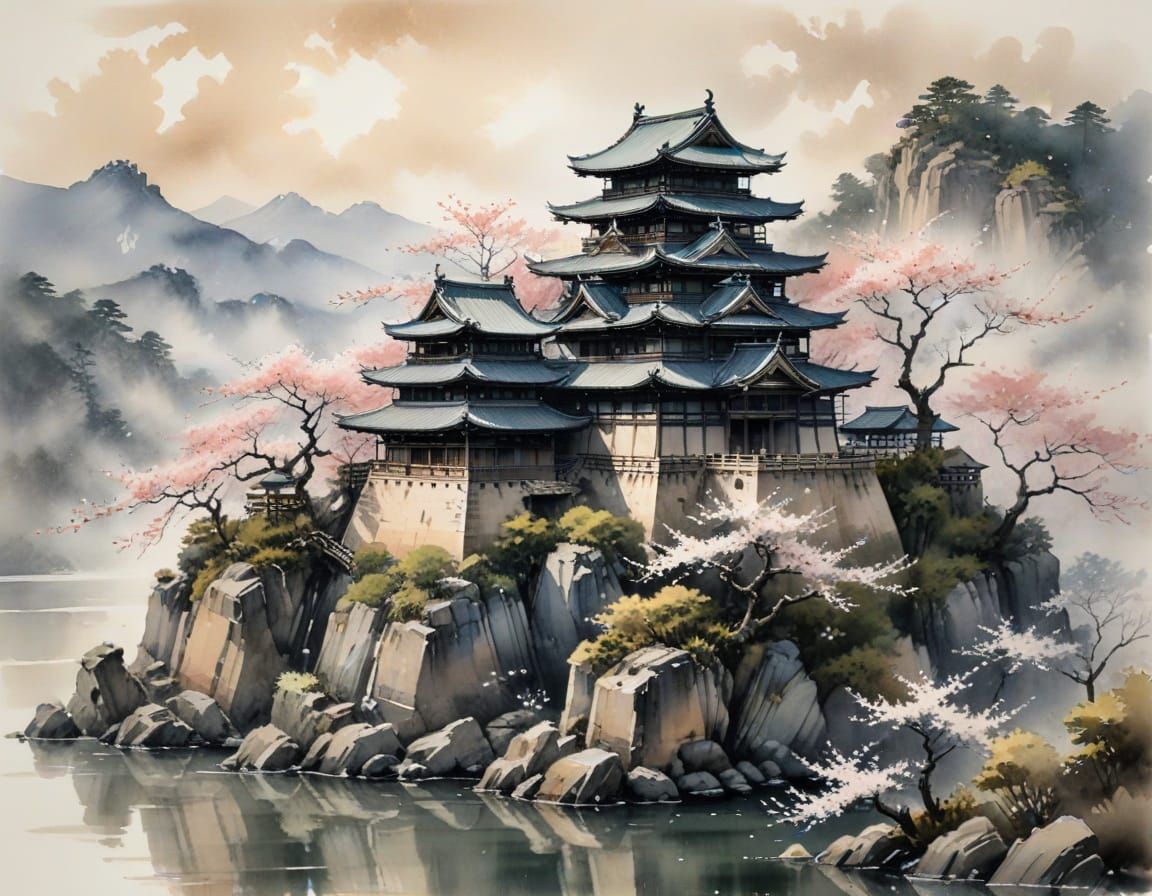 Serene Edo Era Castle in Soft Japanese Ink Wash