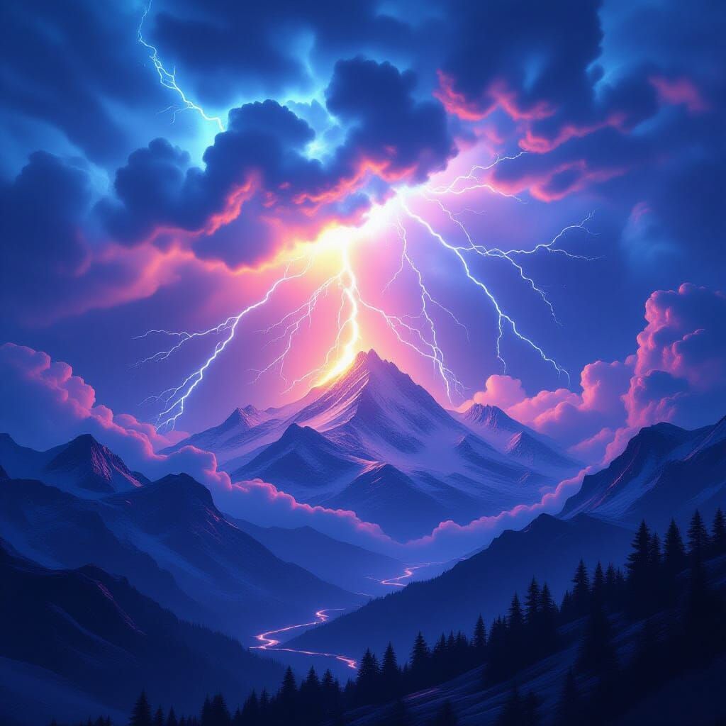 Epic 3D Lightning Storm Over Glowing Mountains