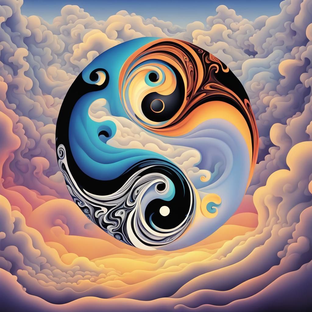 Psychedelic Yin Yang in Clouds with 3D Waves