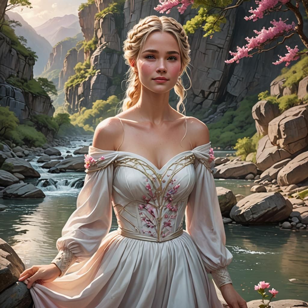 Woman in White Gown by River, Fantasy Art
