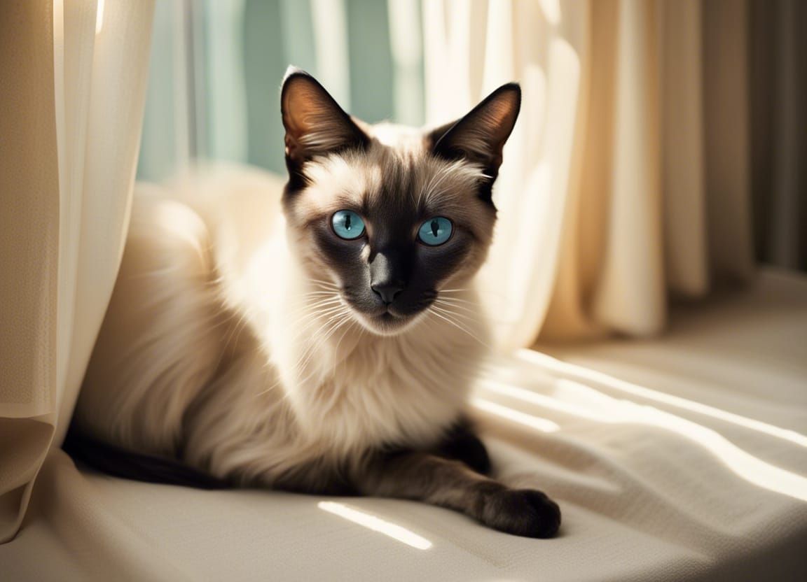 Siamese Cat at Window with Blowing Curtains