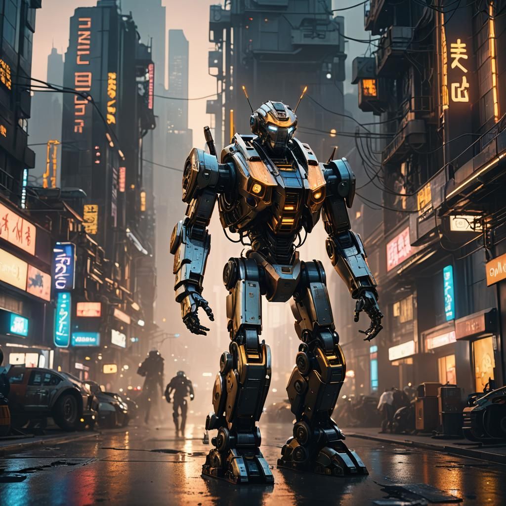 Giant Robot in Futuristic Cityscape: Cinematic 3D Art