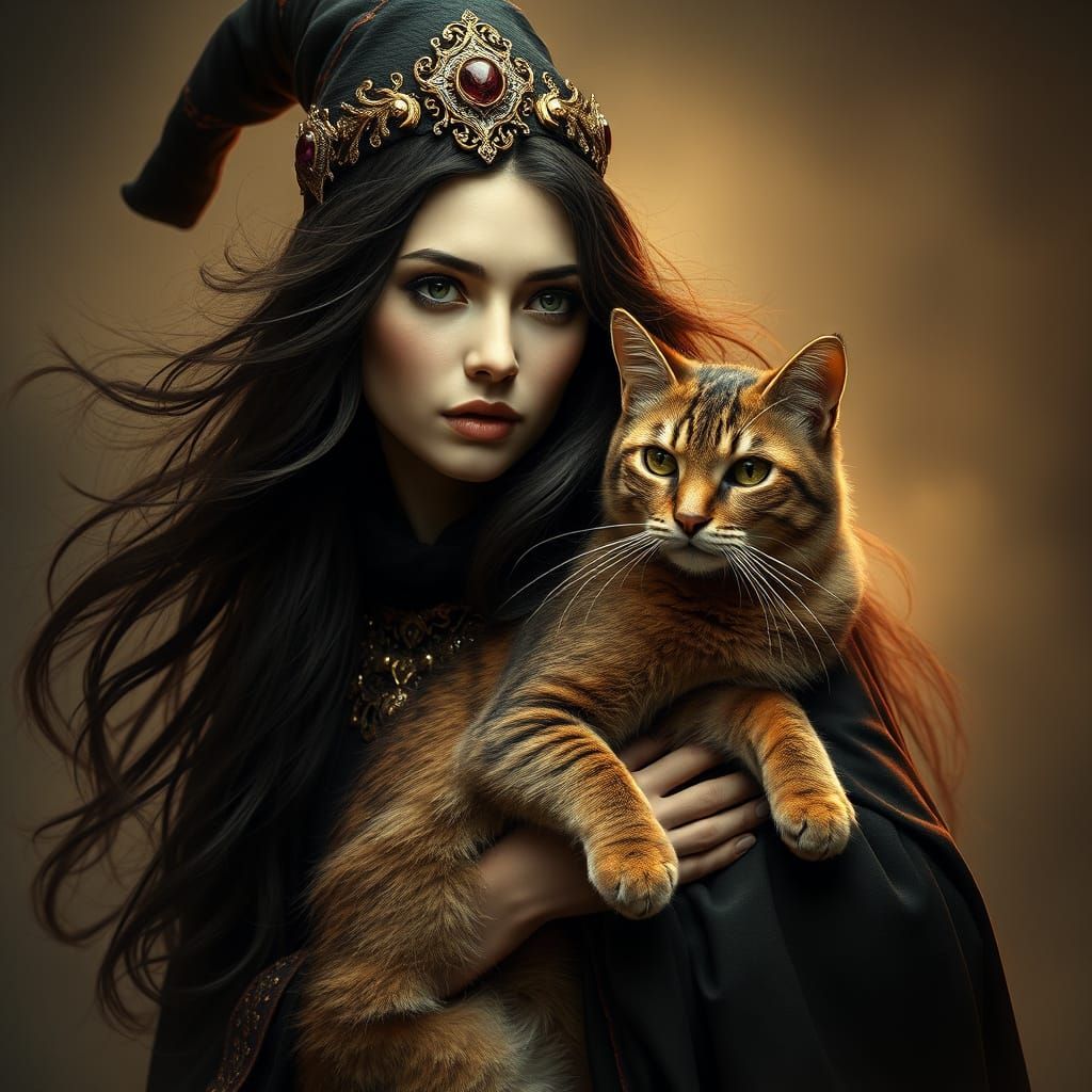 Majestic Witch in Regal Portrait with Mystical Cat