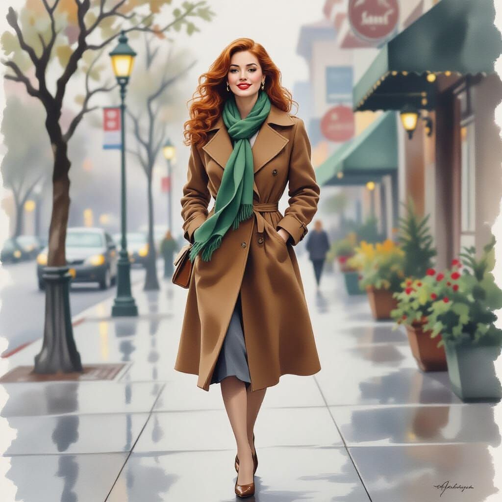 Impressionistic Watercolor of Redhead Walking in San Diego F...