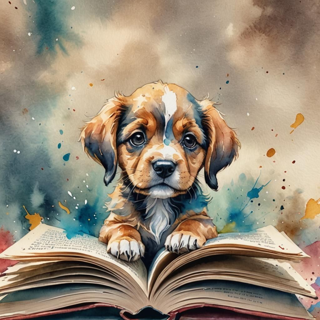 Puppy Pops Out of Book: Watercolor Illustration